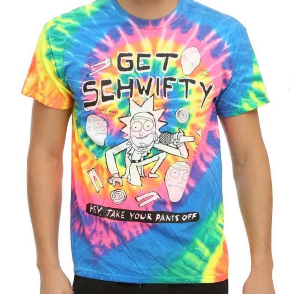 NWT Hot Topic Rick & Morty Rainbow Tie Dye Get Schwifty Tee T Shirt sz XS
